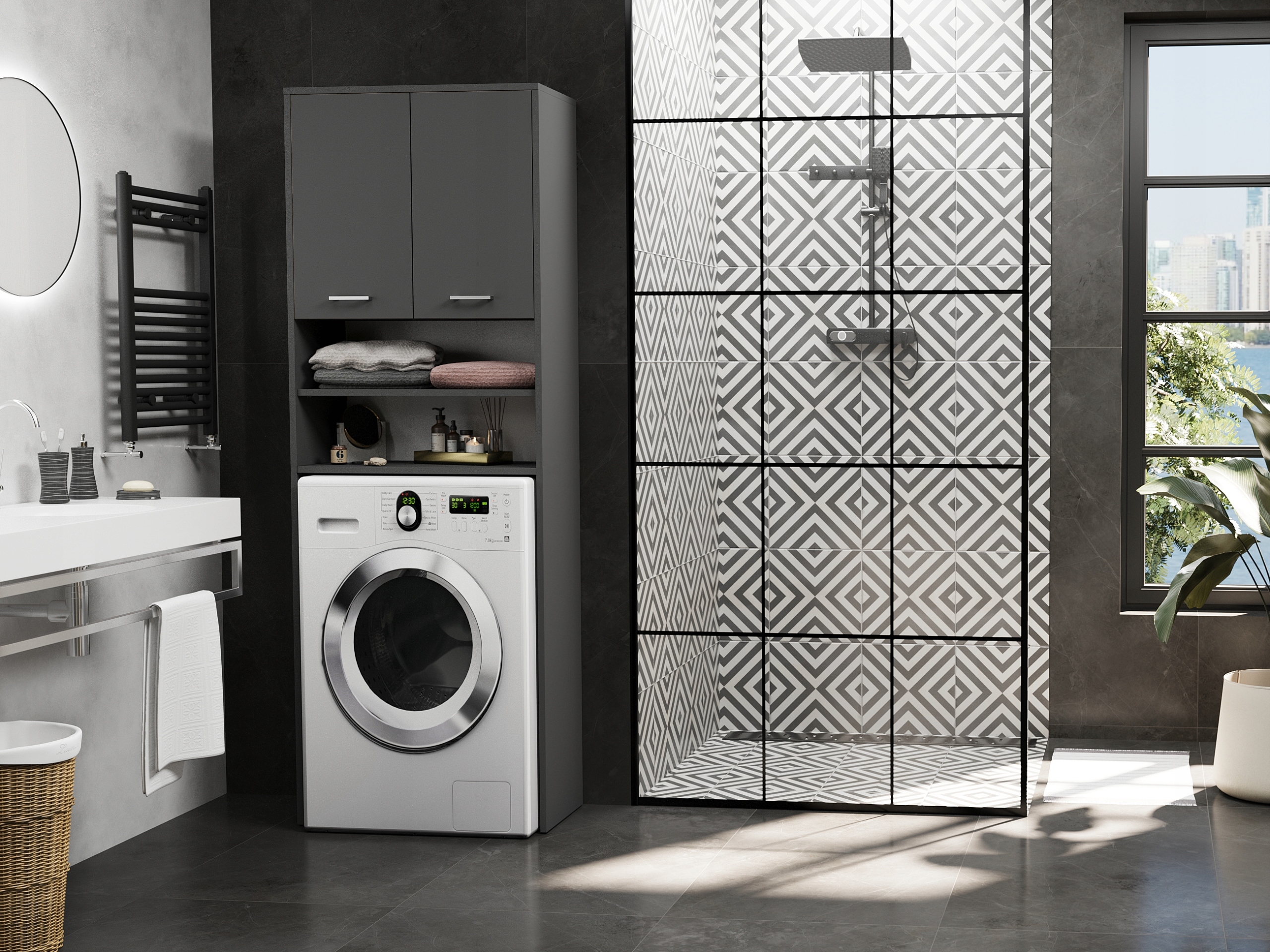 Regał łazienkowy na pralkę biały 180x69x30 półki wysoki L-64 ANTRACYT