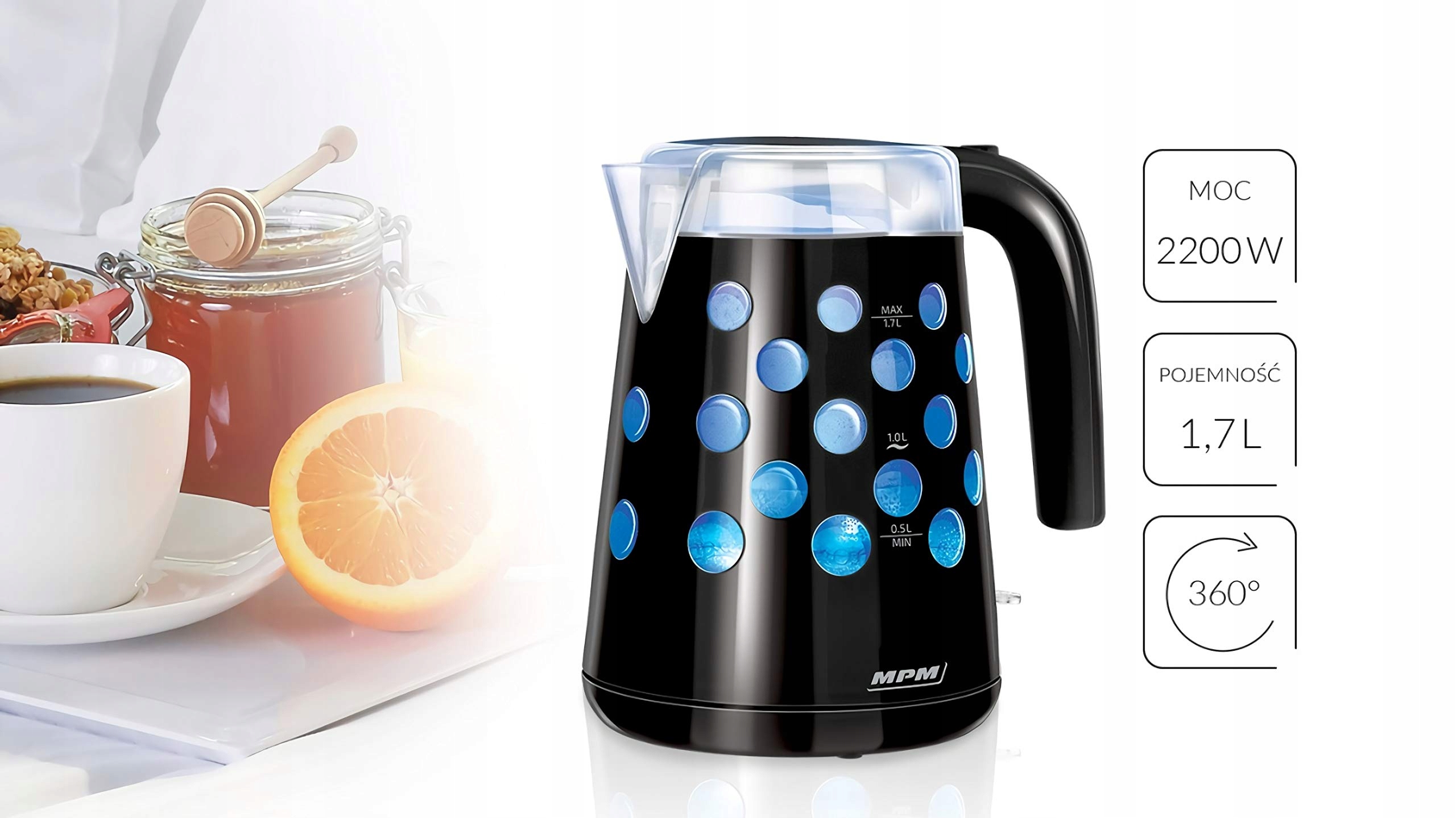 MPM Elektryczny Czajnik 1,7L Bezprzewodowy BPA Free Automatyczne Wyłączanie — miniatura 4