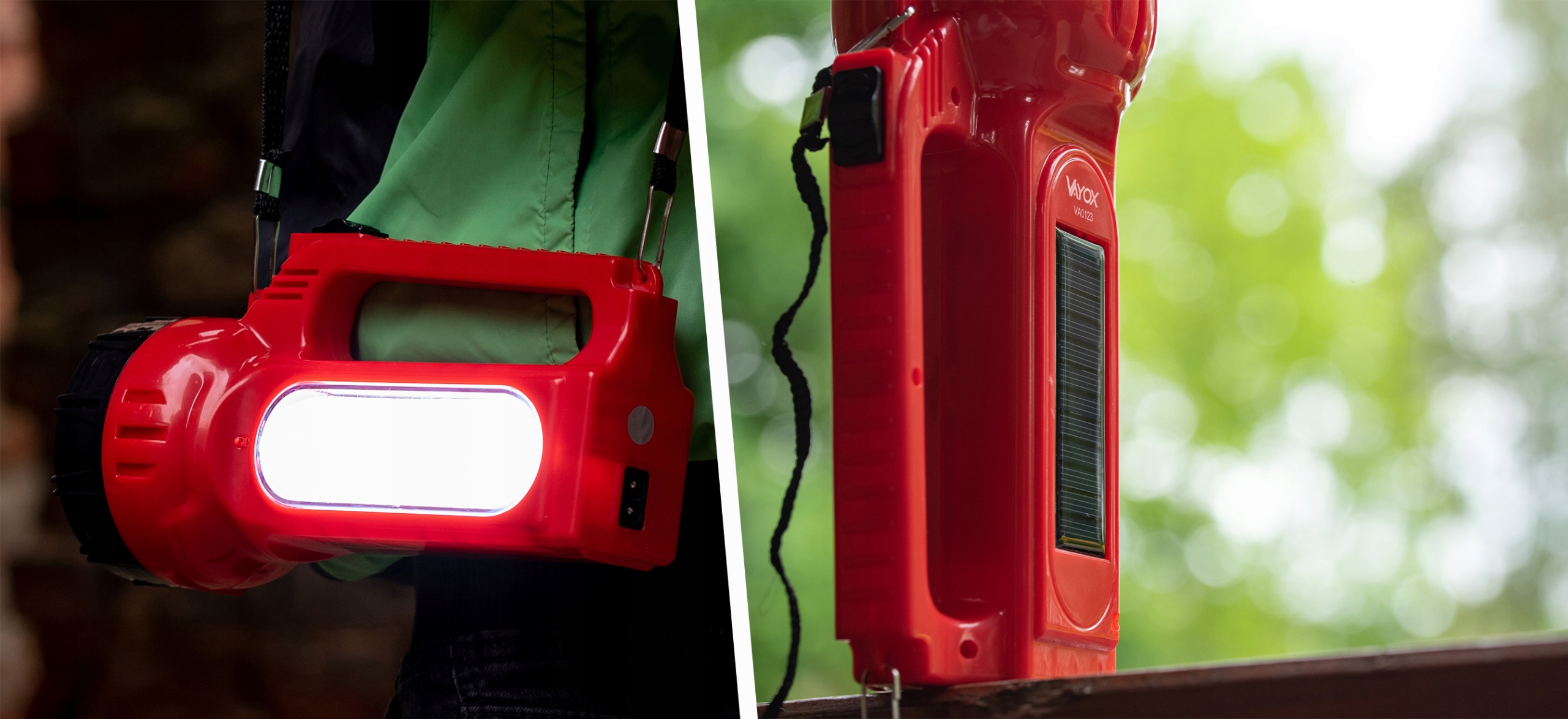 LATARKA LED SOLARNA SZPERACZ AKUMULATOROWA 230V ZE ŚWIATŁEM BOCZNYM VAYOX Stan opakowania oryginalne