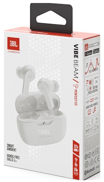 Słuchawki bezprzewodowe douszne JBL Vibe Beam BIAŁE White 32h Perfect Fit Wysokość produktu 2.18 cm