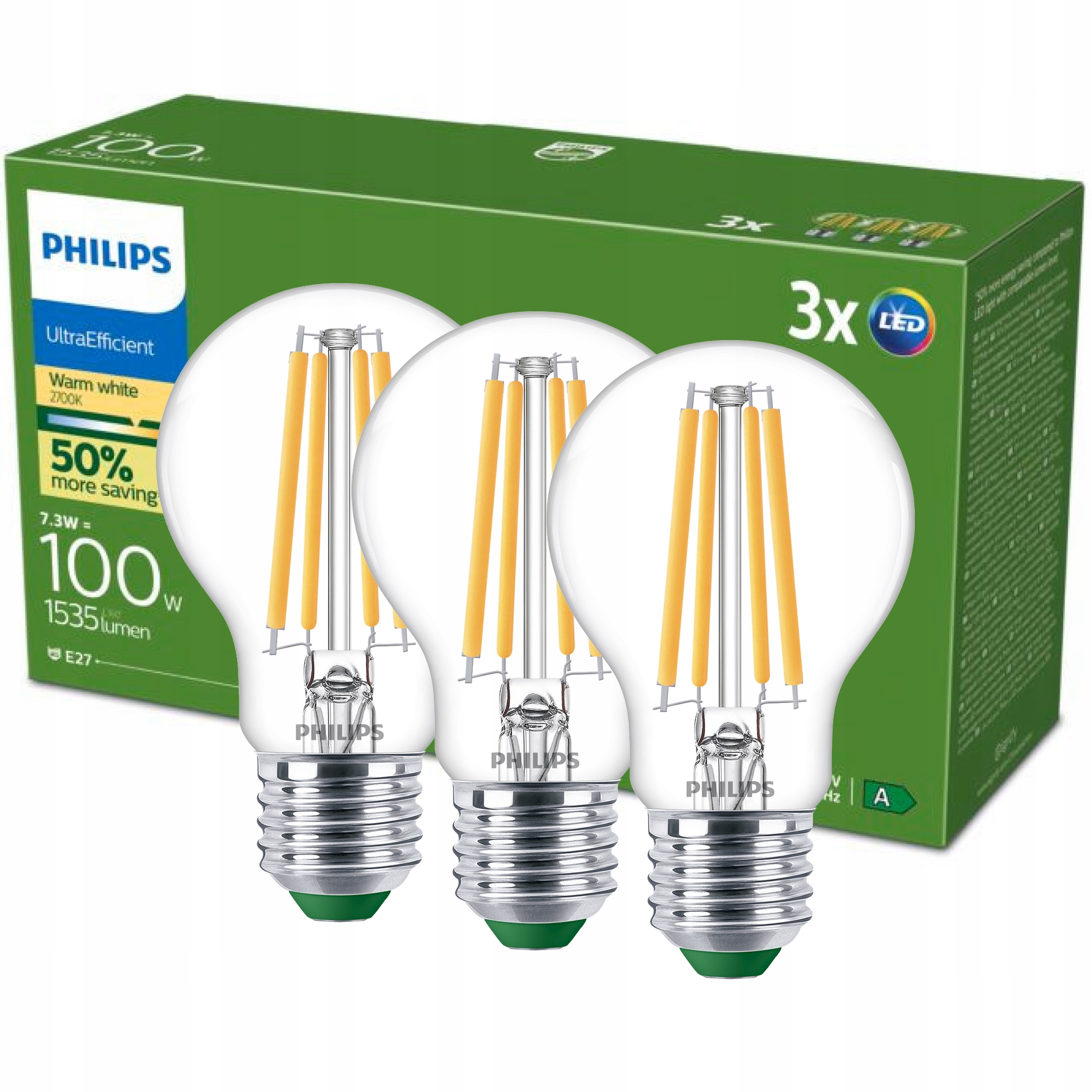 Led žárovka E27 Philips 7.3W 100W 1535lm 210lm/W 2700K Teplá Třída A 3 ks