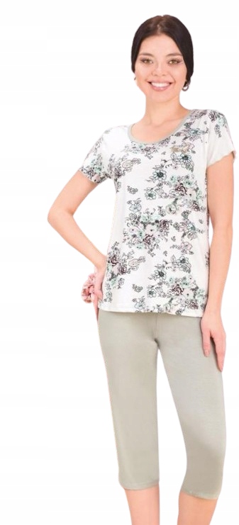 Elegantní Pyžamo Viskóza S Květinami Pyžamo Z Viskózy Kalhoty 3/4 Rybářky 3XL