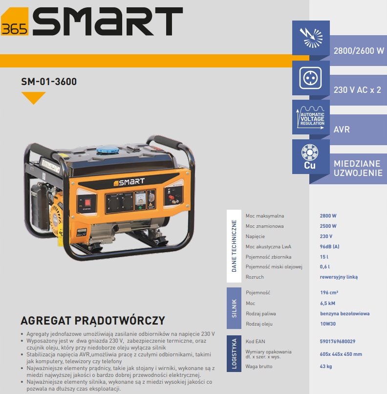 SMART365 GENERATOR AGREGAT PRĄDOTWÓRCZY 2800W 230V 2,8Kw AVR Marka Smart