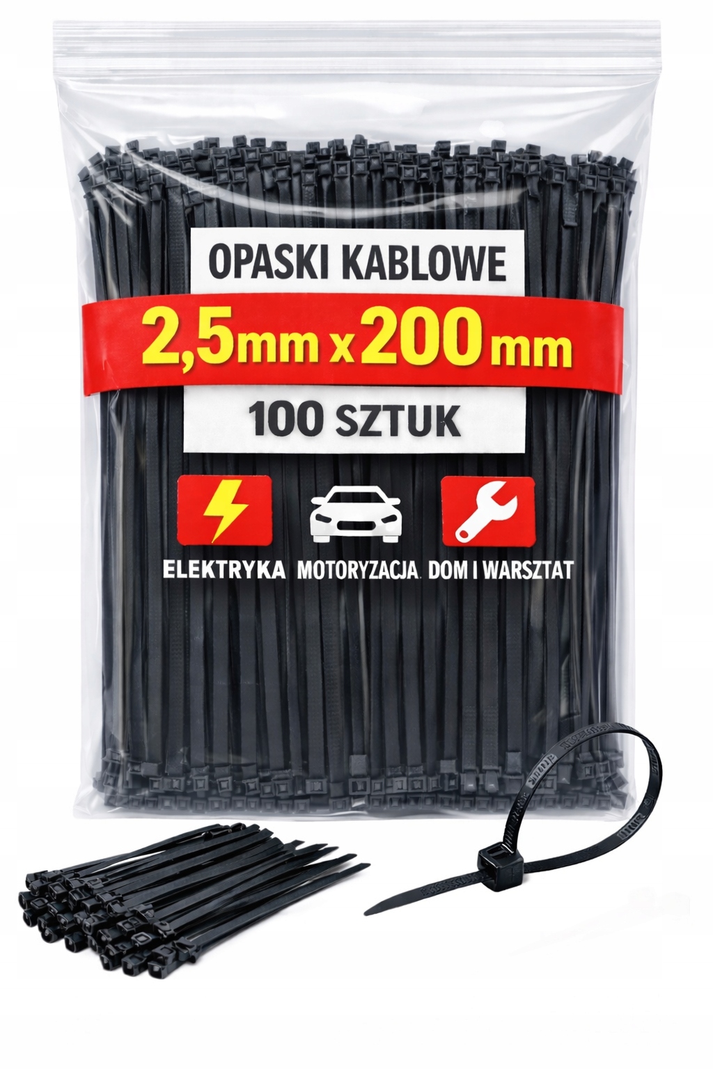 Opaski zaciskowe 2,5 x 200 mm czarne – trytytki kablowe nylon Pa – 100 szt.