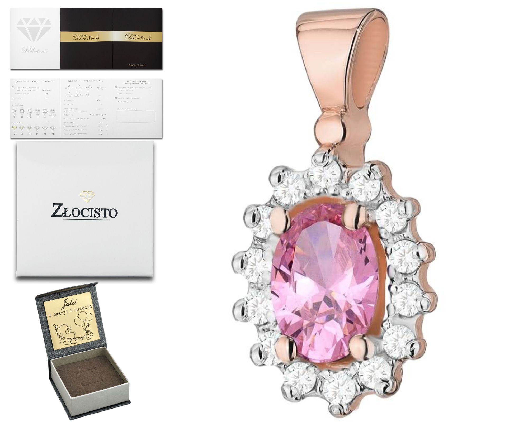 Růžové Zlato Přívěsek S Briliantem A Růžovým Topazem 585 Dárek