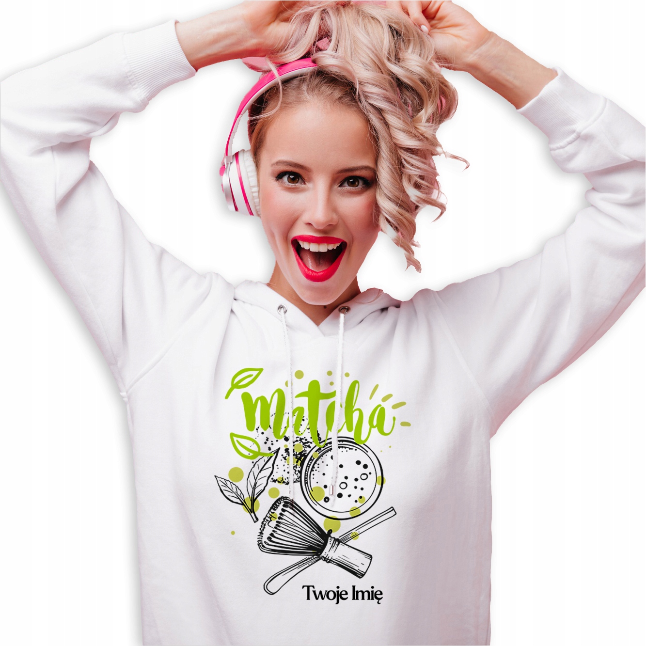 Mikina Hoodie Bílá Pro milovnici zeleného čaje Matcha Jméno S
