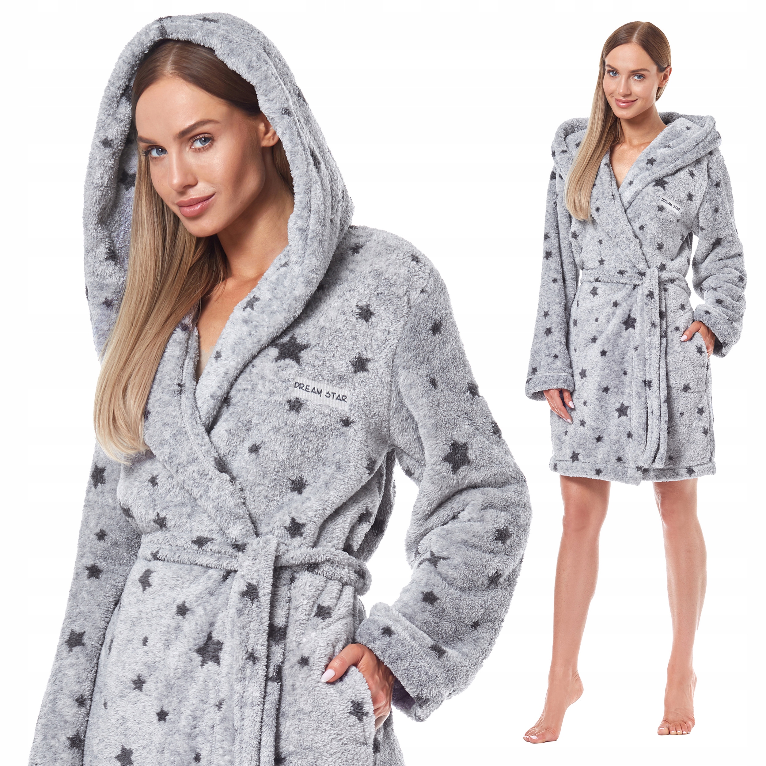 L&L dámský krátký župan Soft nadýchaný s kapucí Šedý Melír XL