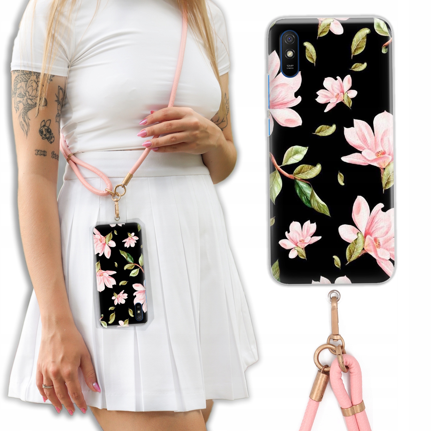 Pouzdro Pro Xiaomi Redmi 9i Case Crossbody Květinové Jaro Vodítko Kůže Růžová Vz