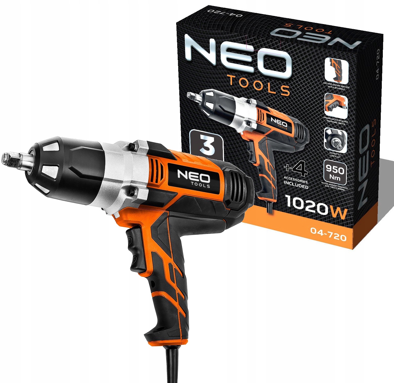 Rázový uťahovák 1020 W 950 Nm 230 V sieťový, drôtový Neo