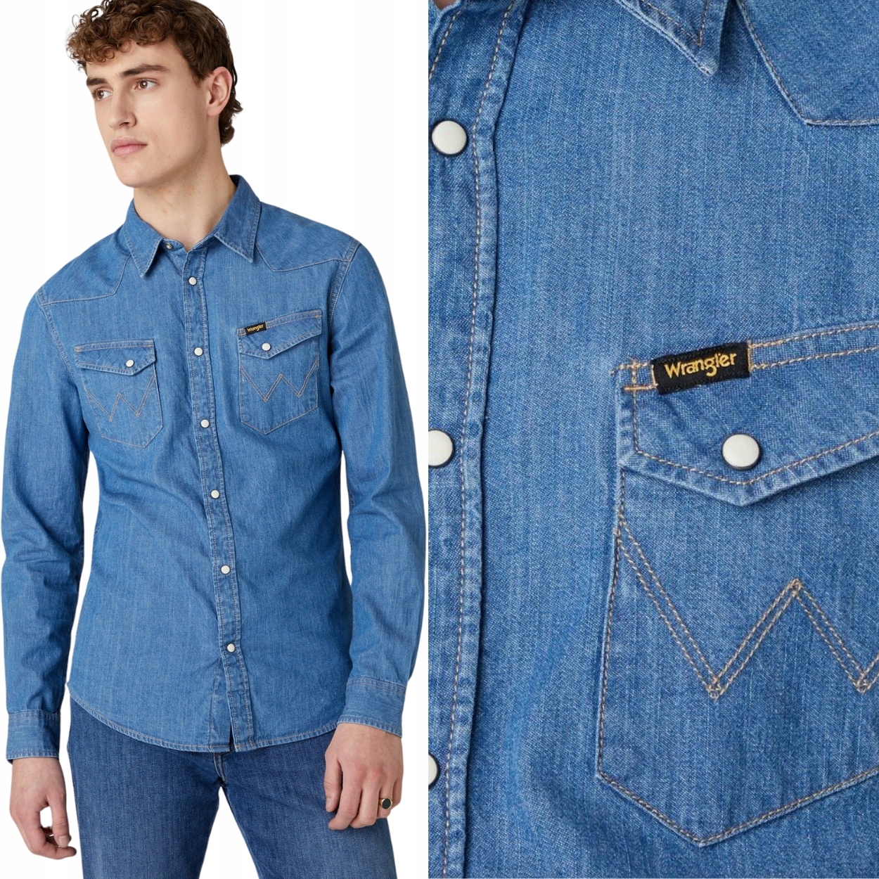 Wrangler Western Shirt Mid Stone přiléhavá džínová košile Slim Fit XXL