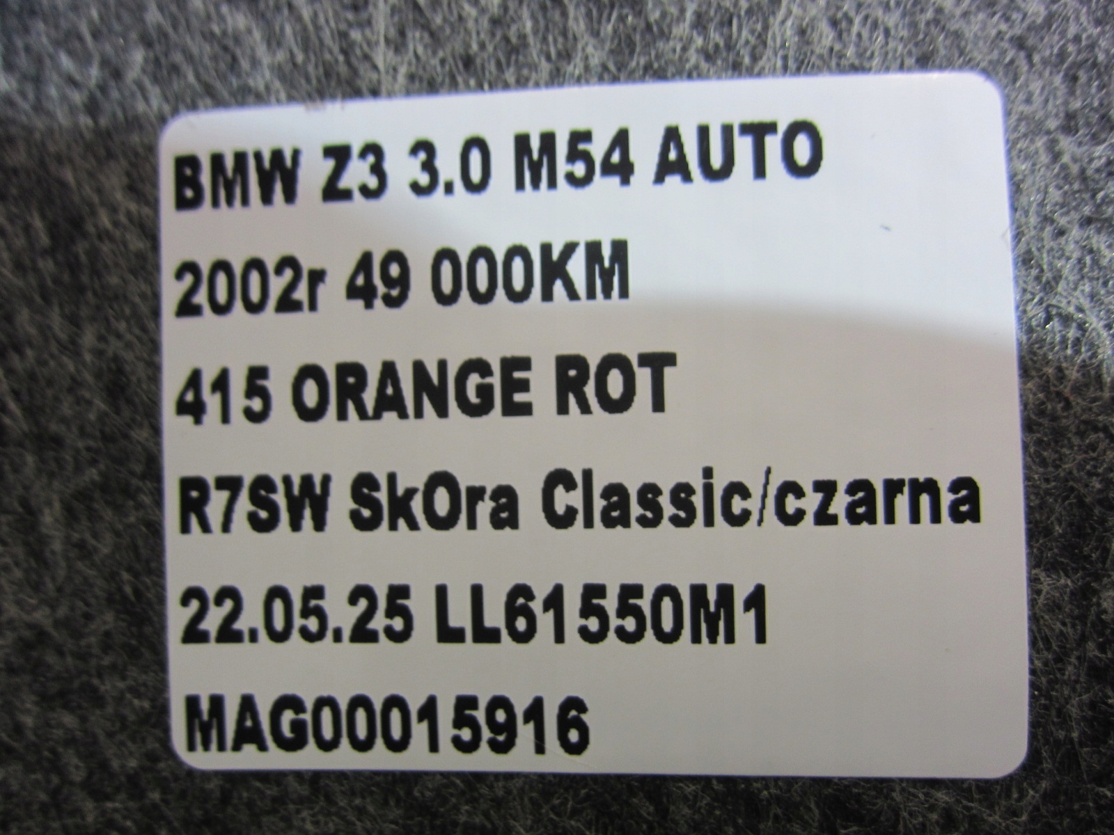 BMW Z3 E36 CABRIO mats boot upholstery floor 51478399497 776468