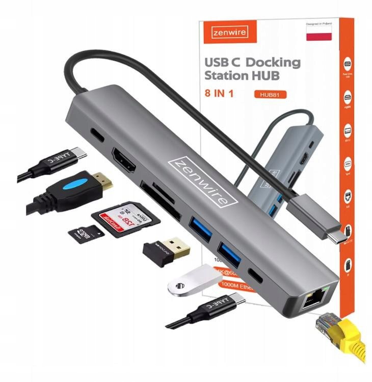 Usb-c Adaptér 8V1 Hdmi 2.0 4K 60HZ Gigabitový Ethernetový Zenwire HUB81