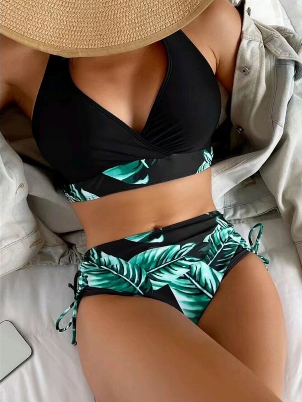 STRÓJ KĄPIELOWY DWUCZĘŚCIOWY KOSTIUM WYSOKI STAN SEXY BIKINI PUSH UP BOHO L Kolor czarny