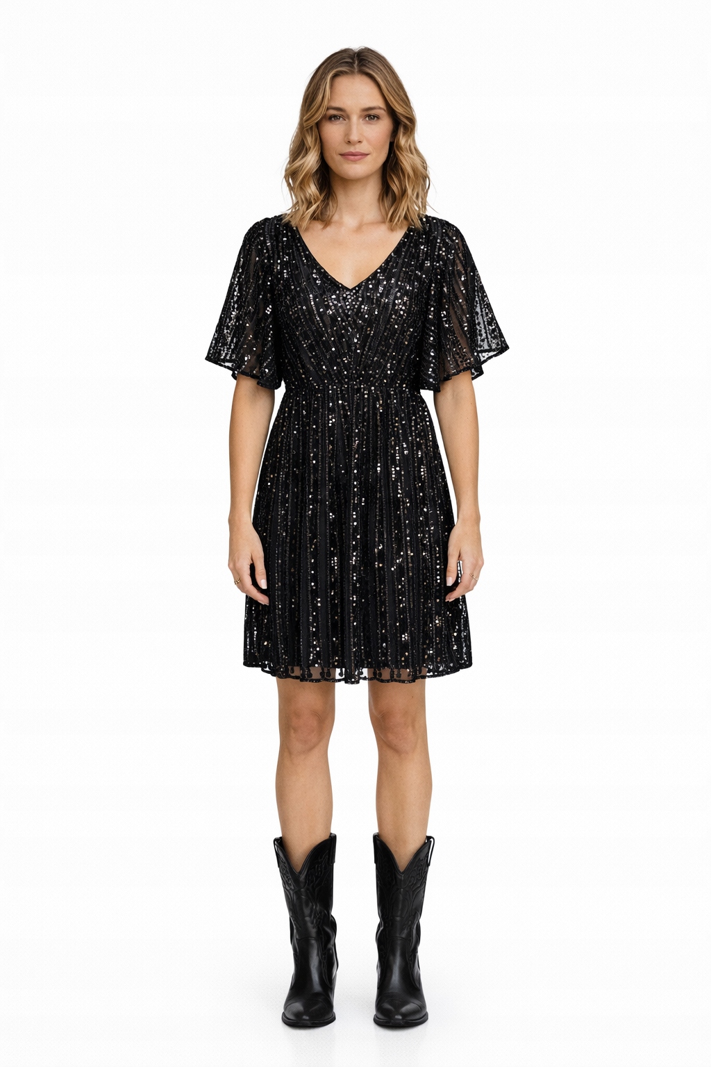 Černé Šaty S Flitry A Výstřihem Do V S/m 1I4A