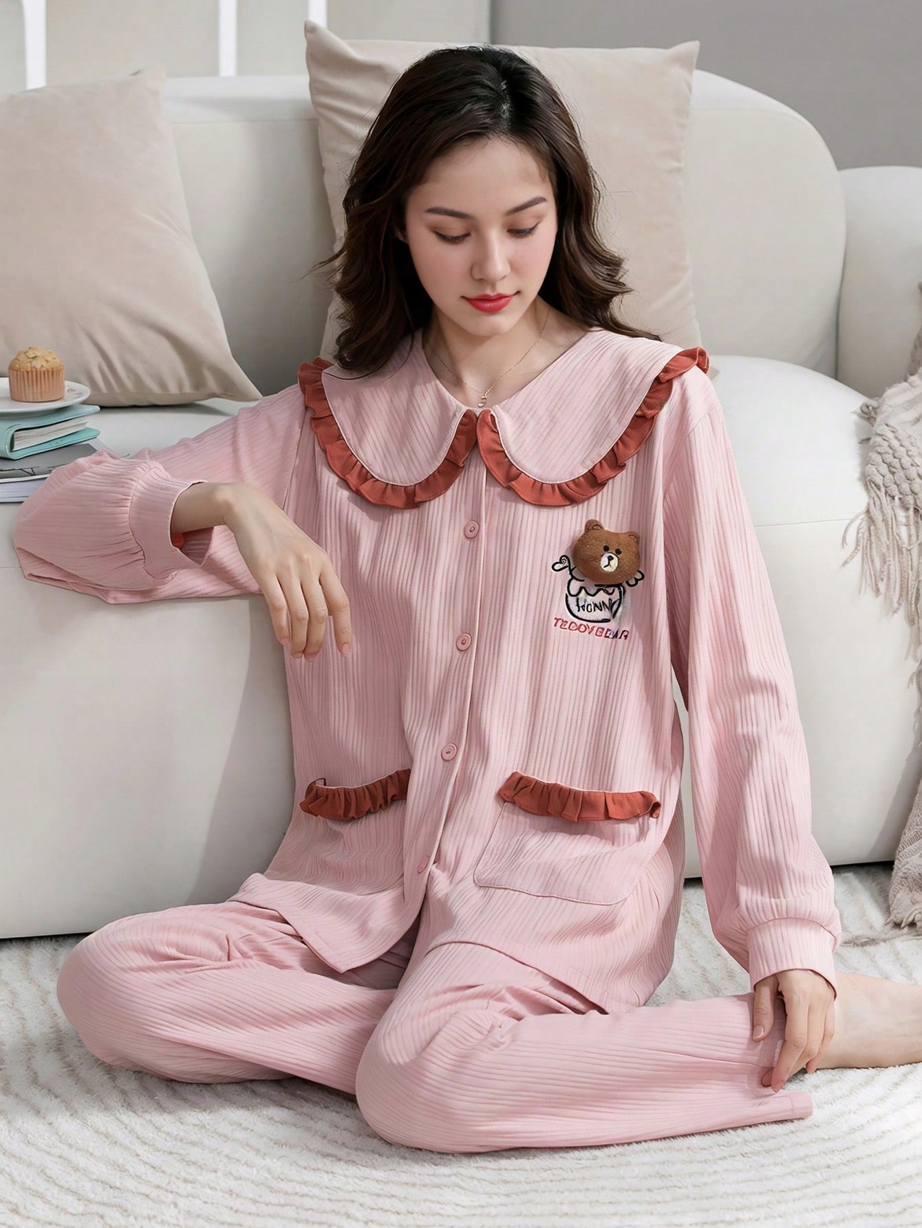 Bavlněné Pyžamo Růžová Košilová Souprava Horní Část Kalhoty Shein M 38