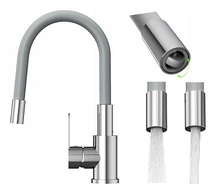 Bateria kuchenna z elastyczną wylewką szary Grado Plus obrotowy perlator