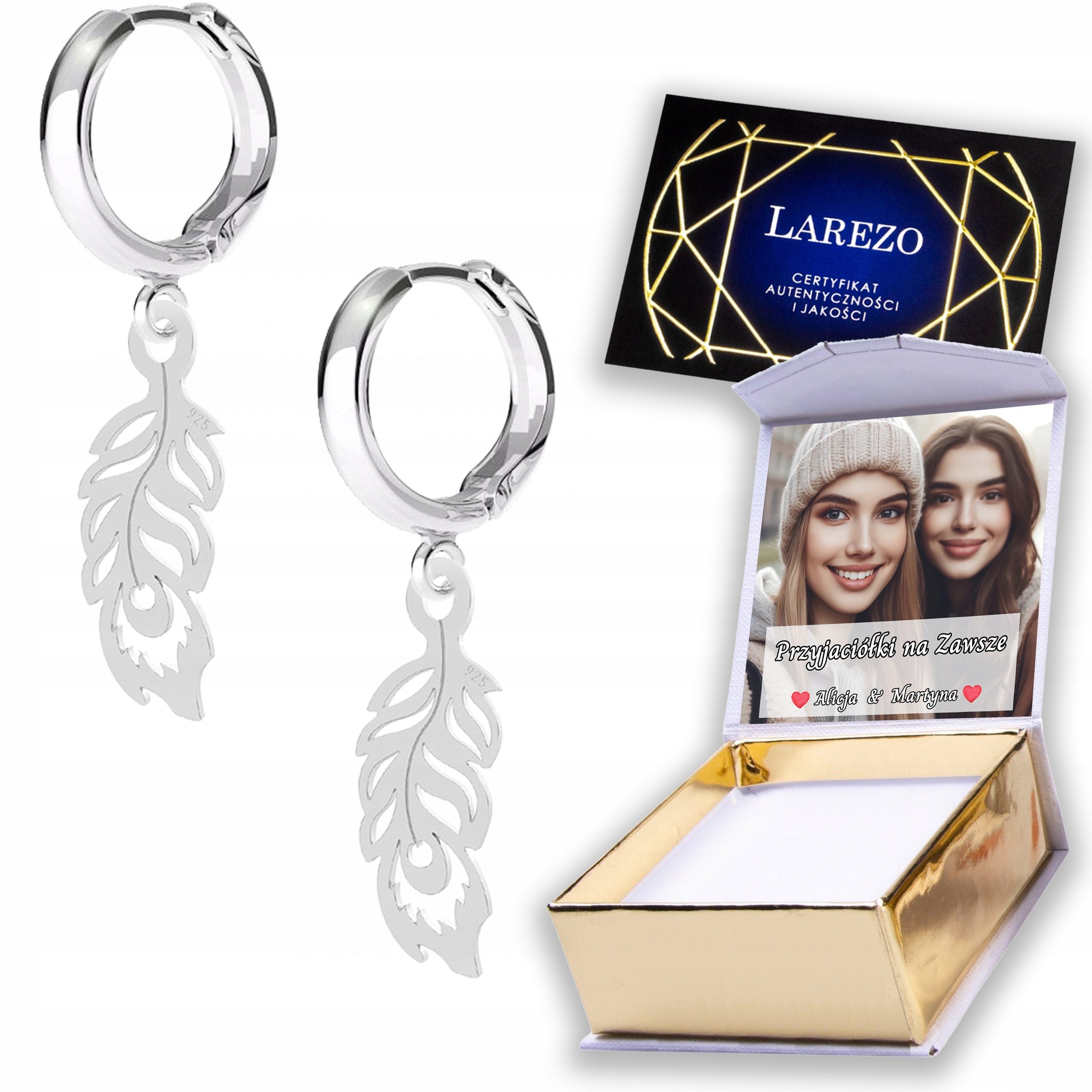 Stříbrné Náušnice 925 Ozdobné peří Pírka Páv Plechy s peřím Potisk