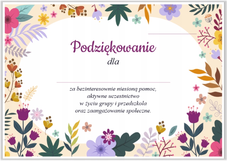 

Dyplom: Podziękowanie dla rodziców Przedszkole A4