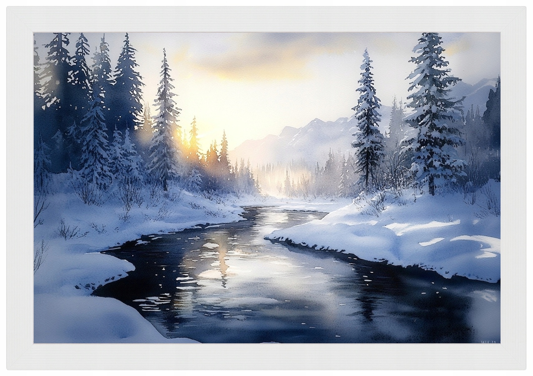 Plakát Rámeček Plakát Dřevo Krajina Hory Vrcholy Les Řeka Zima Sníh 60x40