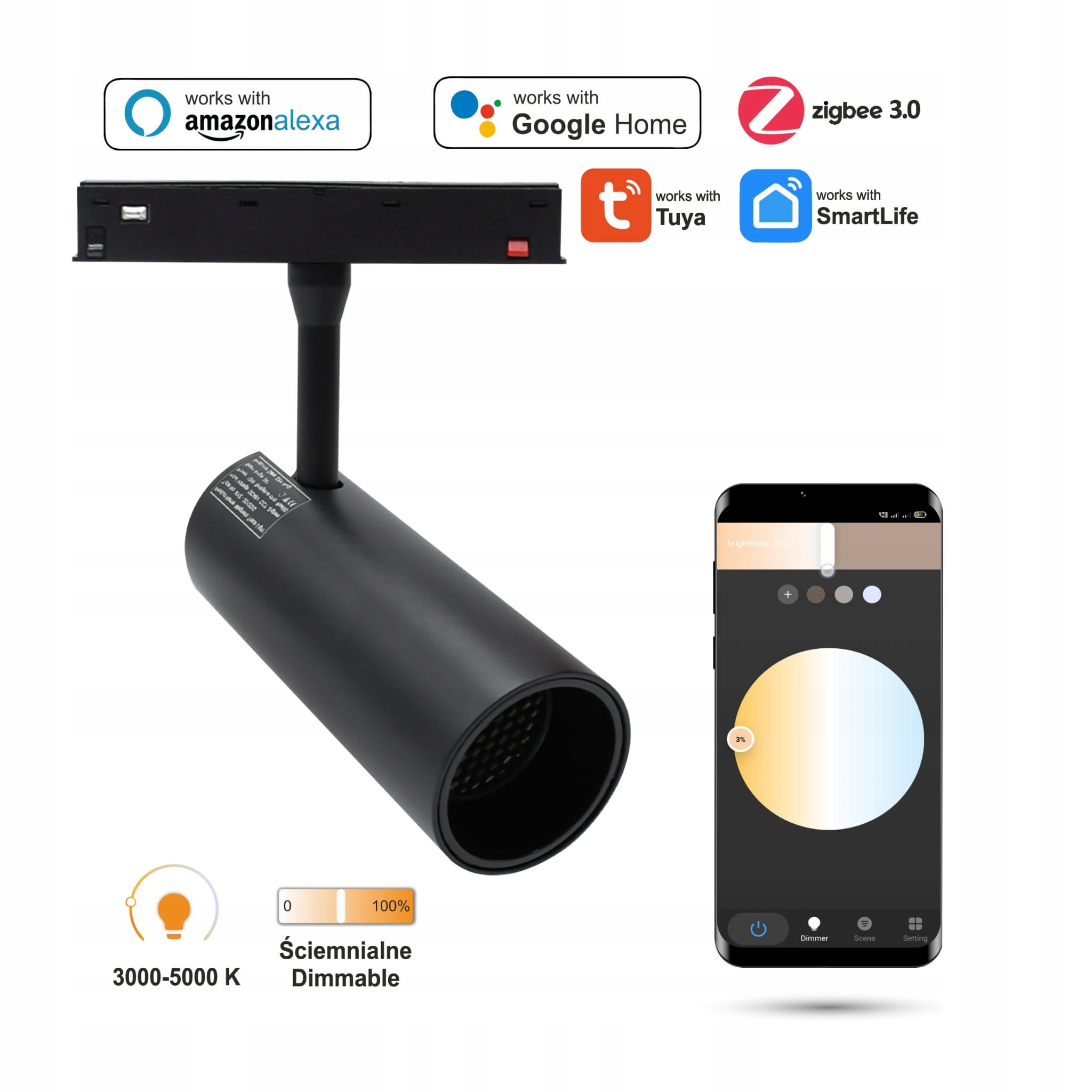 Led reflektor WiFi Zigbee Track 20 W pre magnetické lišty Smart Track 48VDC