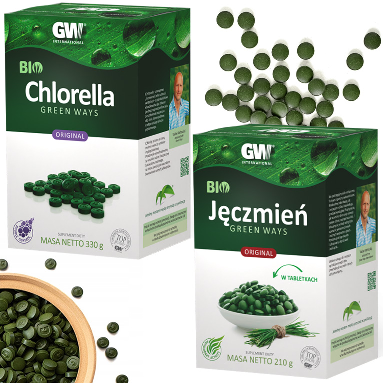 Green Ways Bio Chlorella 330g (1320 tabl.) Bio Jęczmień 210g (600 tabl.)