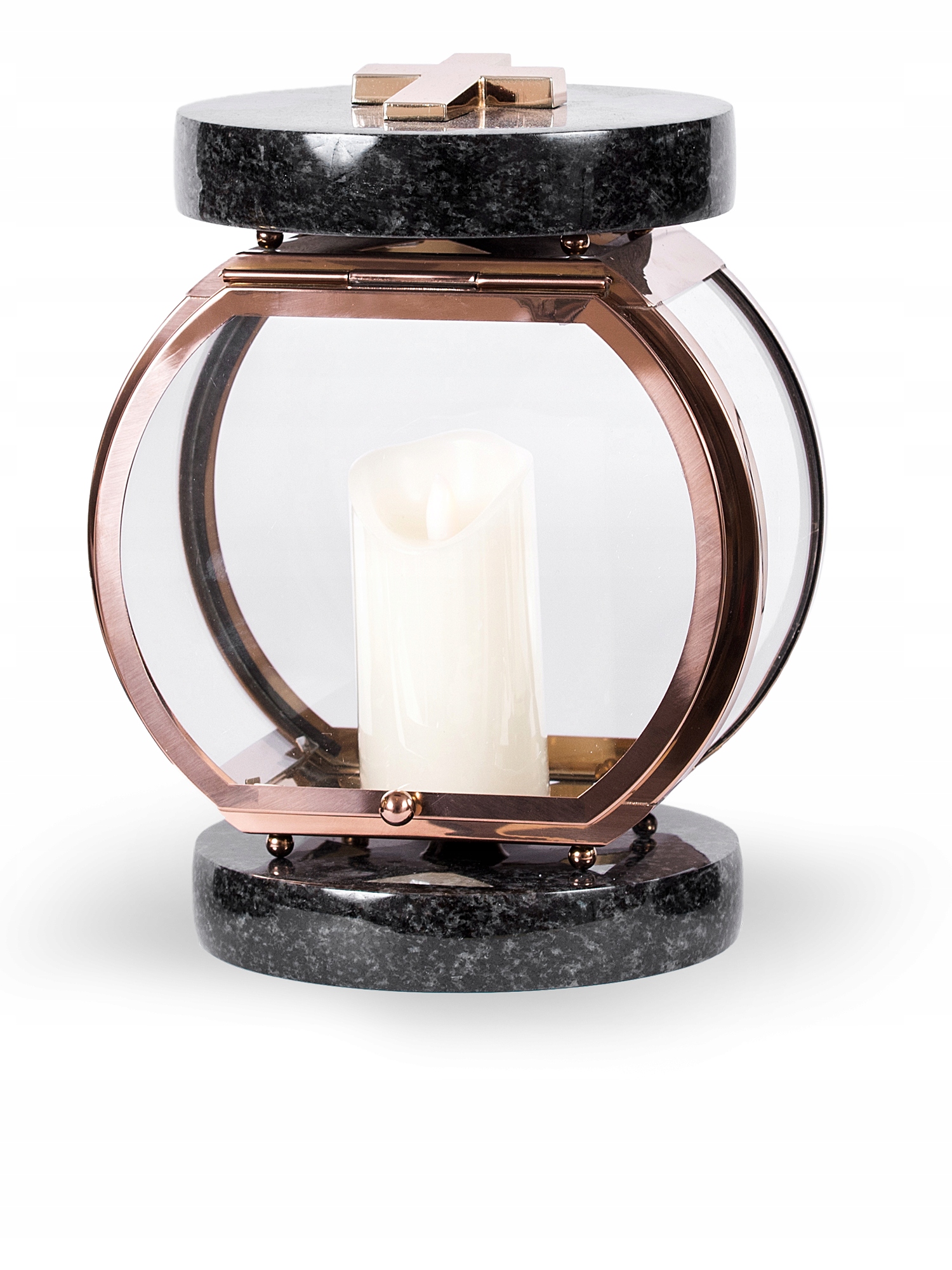 Exkluzivní hřbitovní lucerna, tmavě zlatá, kulatý, ocel černá žula