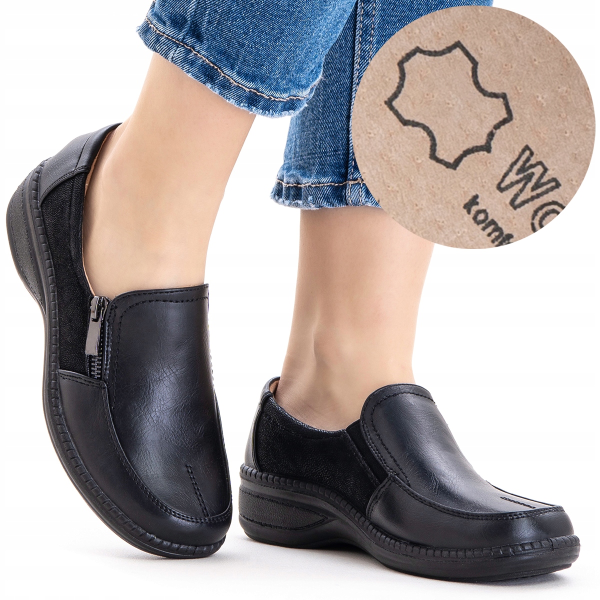 Polobotky s plochým podpatkem v.KŮŽE pohodlné Tuhost H lehký Zip Wojtyłko 39