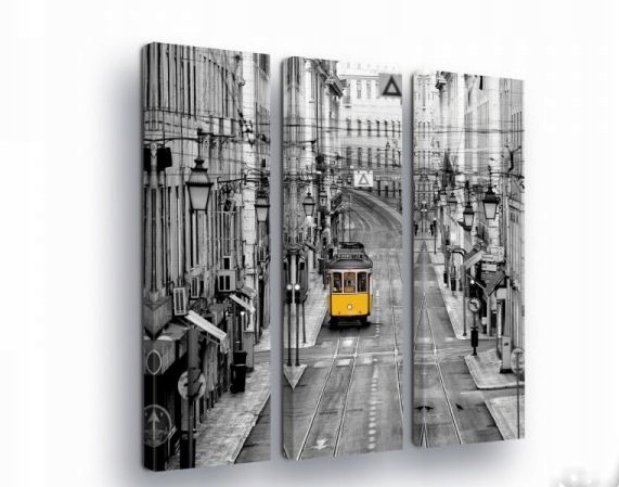 Obraz 90x100 Žlutá tramvaj stará ulice město černobílé nostalgie cestování