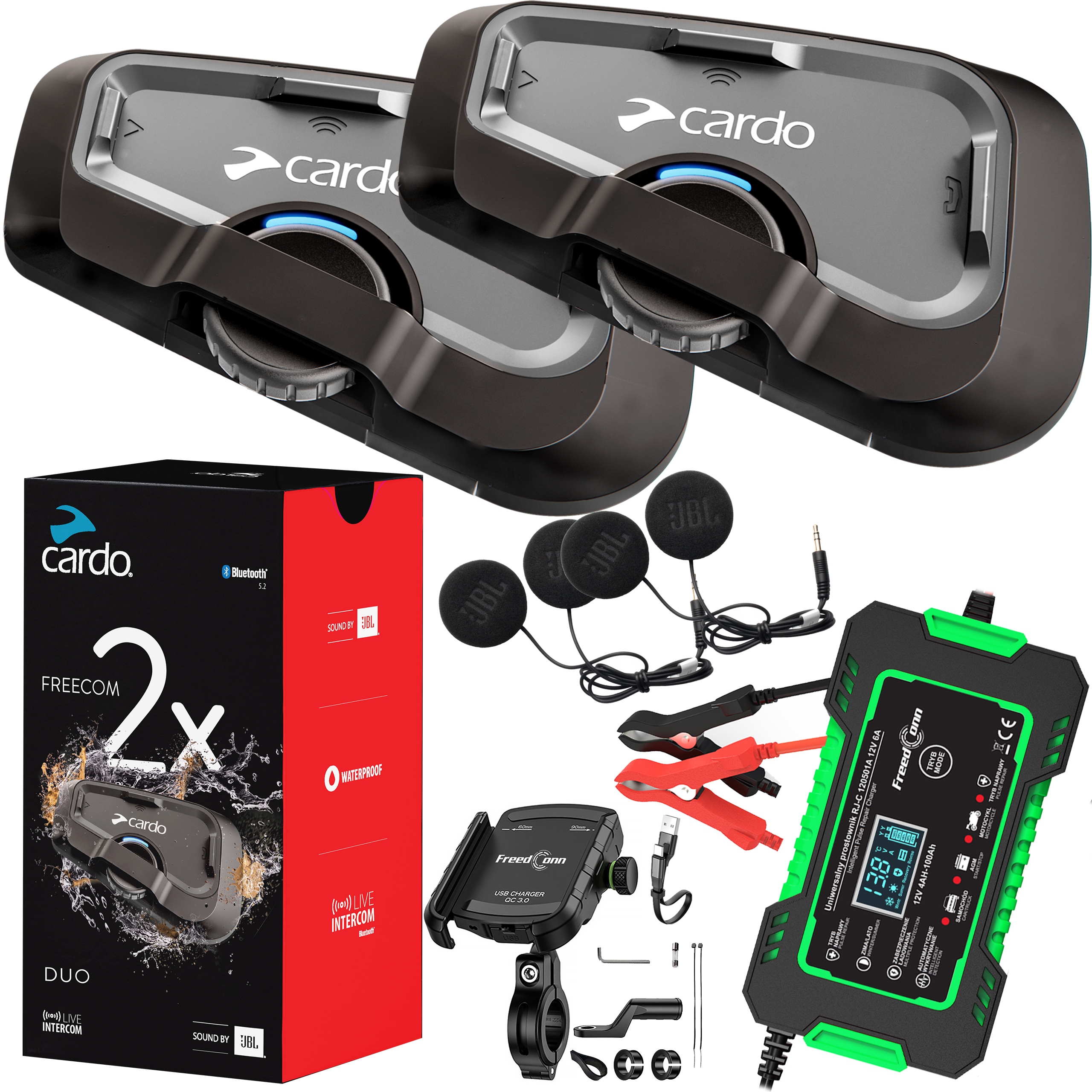 INTERKOM MOTOCYKLOWY Cardo FREECOM 2X DUO JBL + PROSTOWNIK + UCHWYT