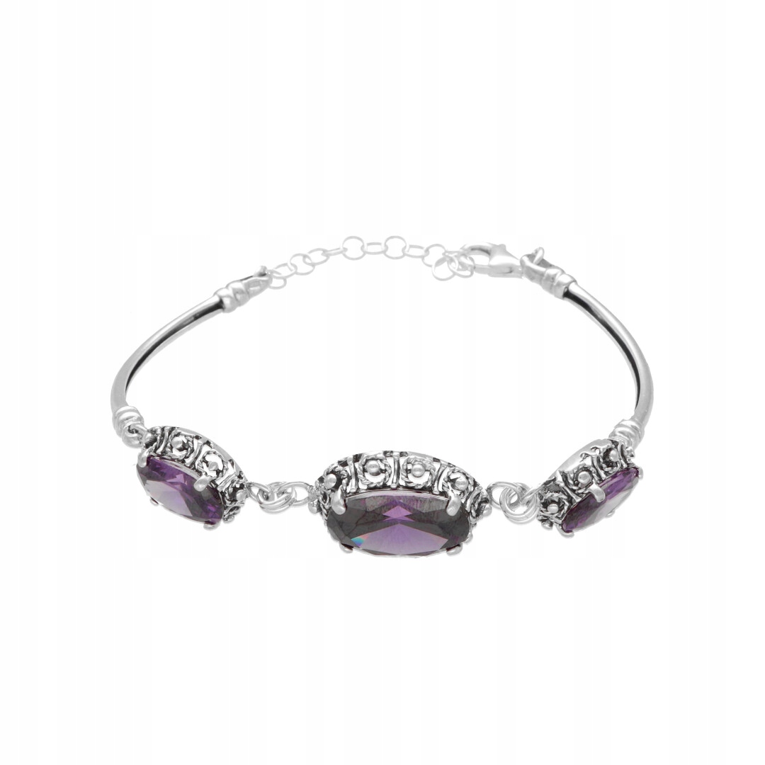 Oválný náramek s fialovou zirkonií, stříbro