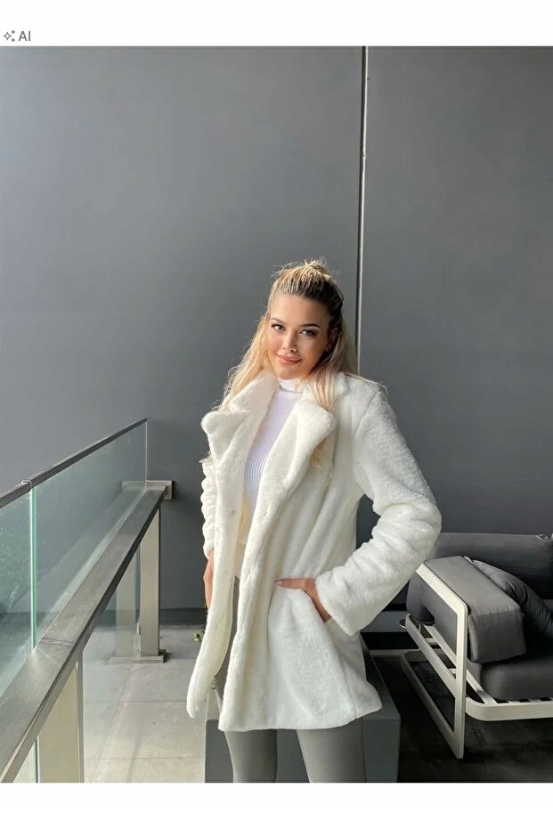 Elegantní Dámský Měkký, Nadýchaný Kabát Bílý S/m 5IA