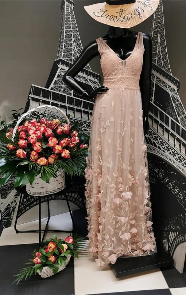 Пудрово бежевое длинное свадебное платье тюль 3D 40 IT18 sleeve sleeveless