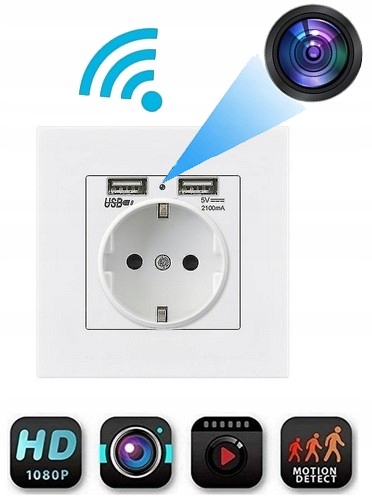 Špionážní WiFi kamera Zásuvka 1080p Full Hd Detekce pohybu Skrytá bílá