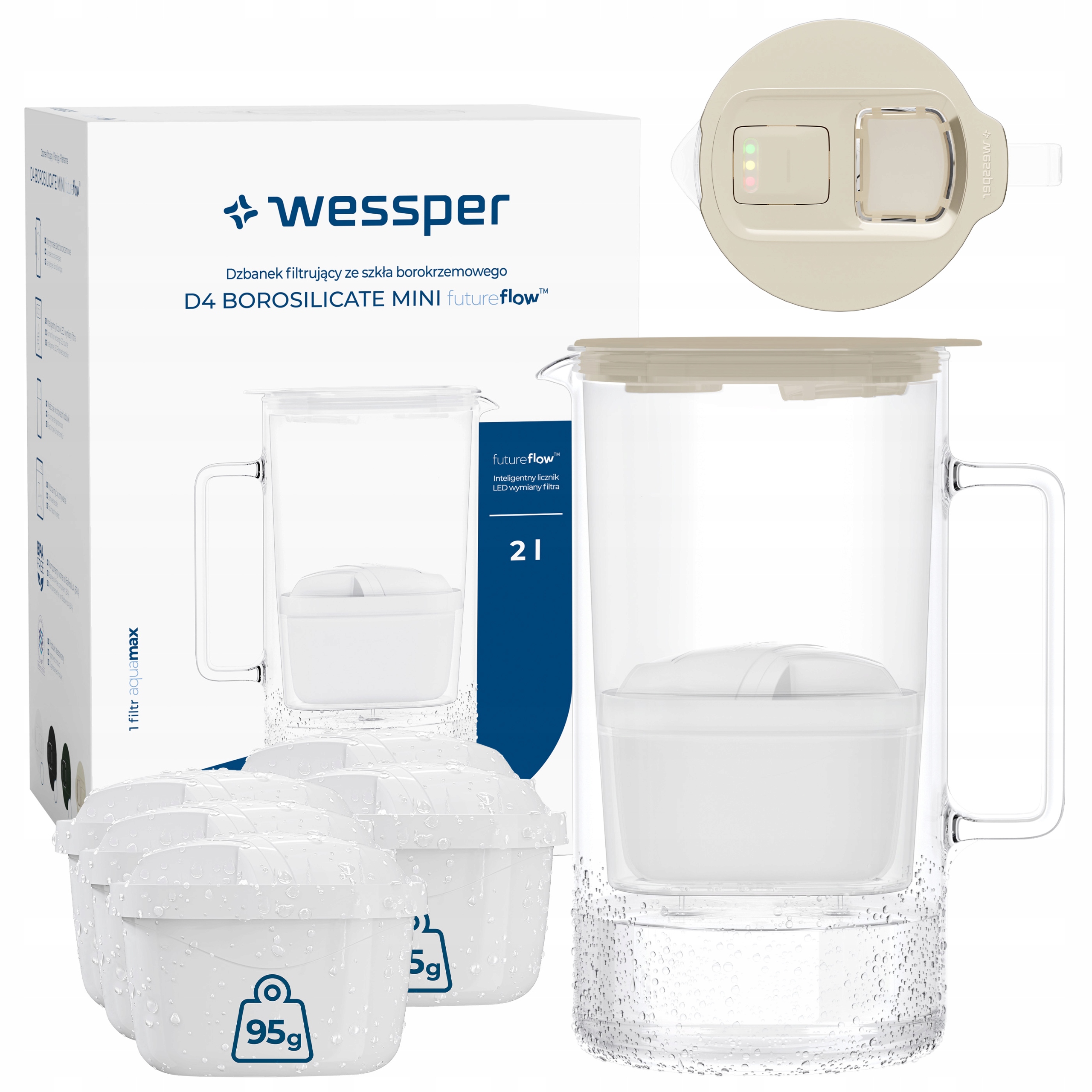 Szklany dzbanek filtrujący Wessper D4 Borosilicate Mini Ff 2l 6x filtr