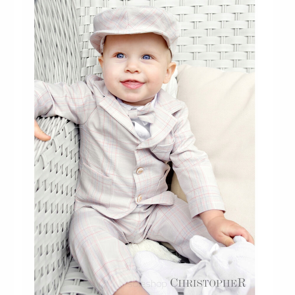 WIZYTOWY KOMPLET CHŁOPCIĘCY CHRISTOPHER BEŻOWY W KRATĘ roz 80