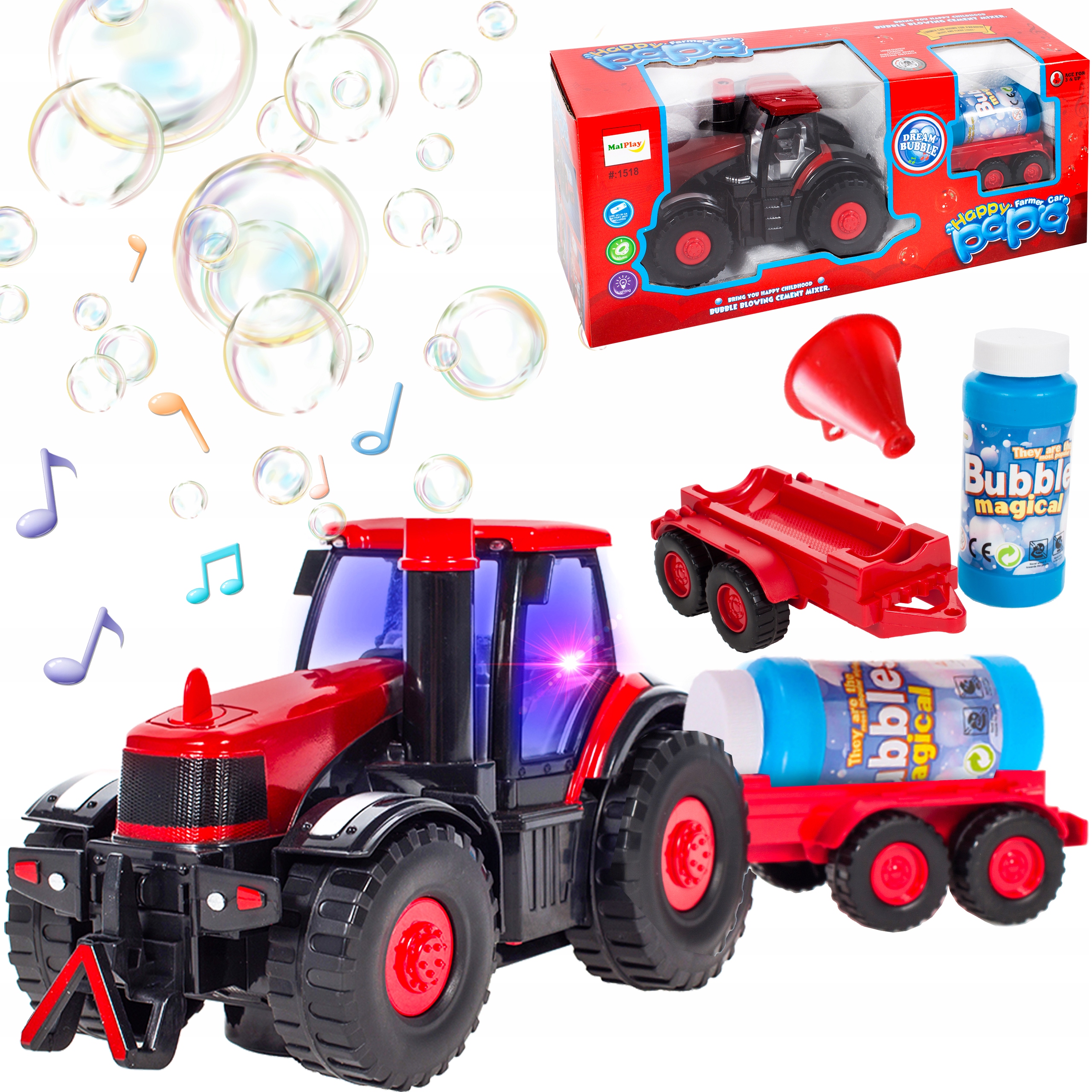 FARMÁRSKY TRAKTOR BEŽÍ A FÚKA MYDLOVÉ BUBLINY Z KOMÍNOVÉHO TRAKTORA S PRÍVESOM
