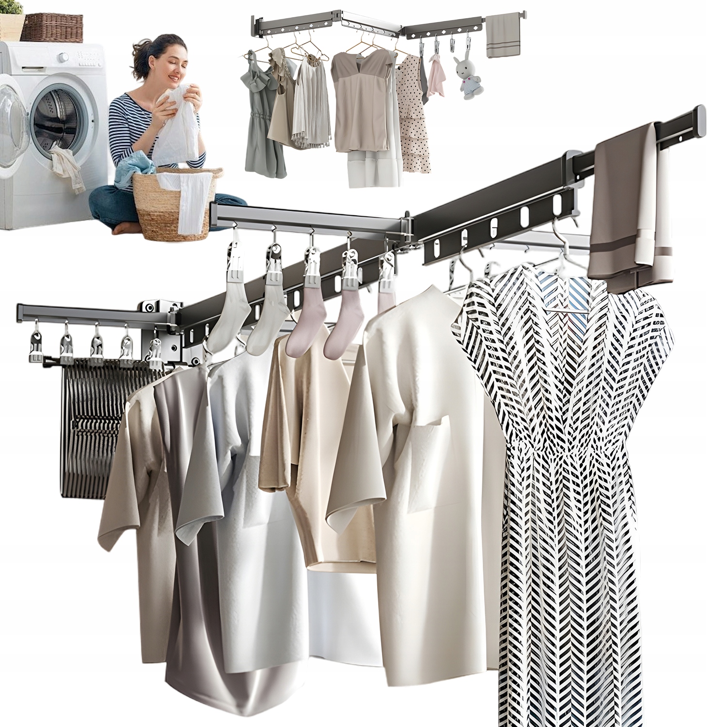 Nástěnný Rozkládací Sušák Na Prádlo S 20 Klipy Pro Dům A Balkon
