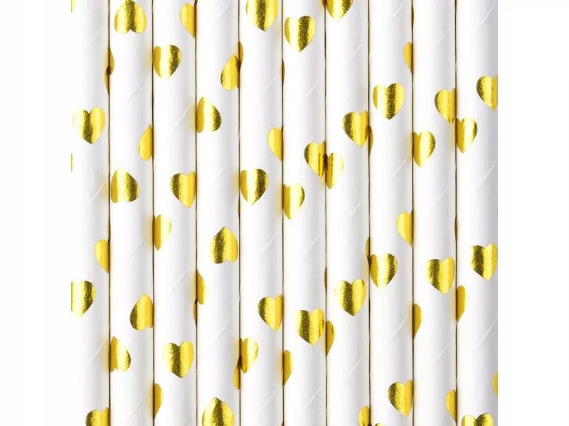 Słomki papierowe białe w złote serduszka 19.5 cm