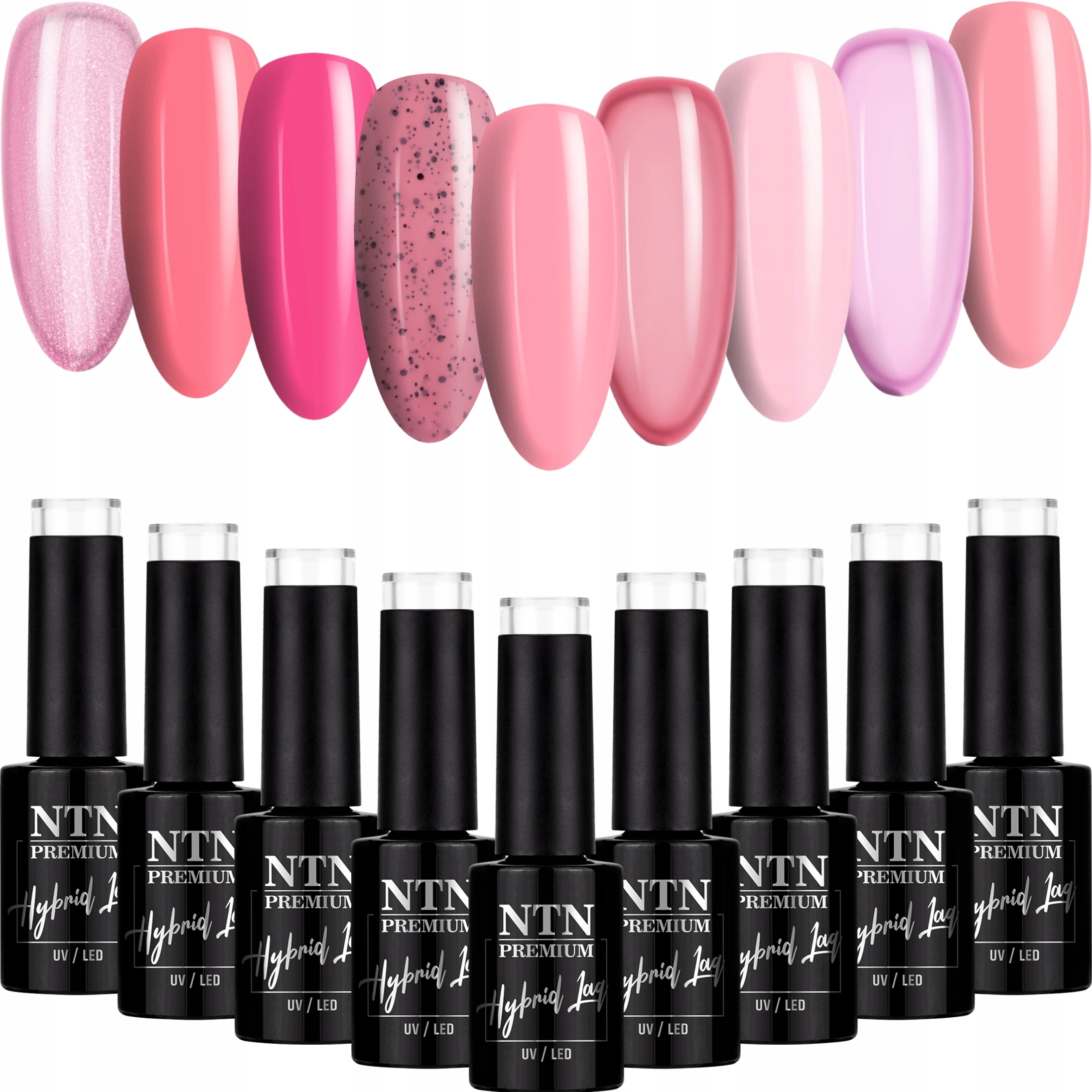 9x Lakier Hybrydowy NTN 5g Różowy Pink Drobinki ZESTAW 9w1 Do Paznokci