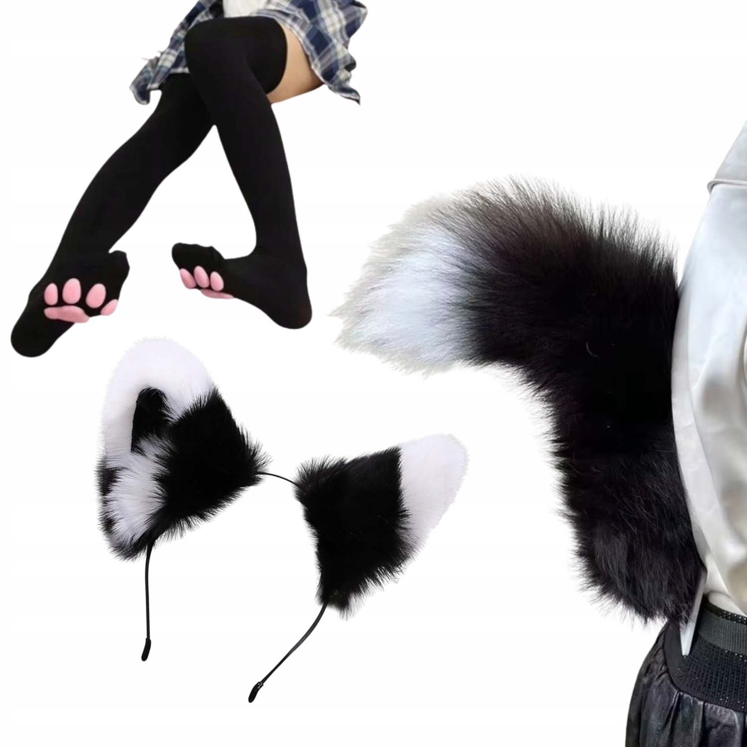 Sada Kostým Kožešinový Ocas Uši Zavinovačky Kočka Liška Cosplay Černobílá
