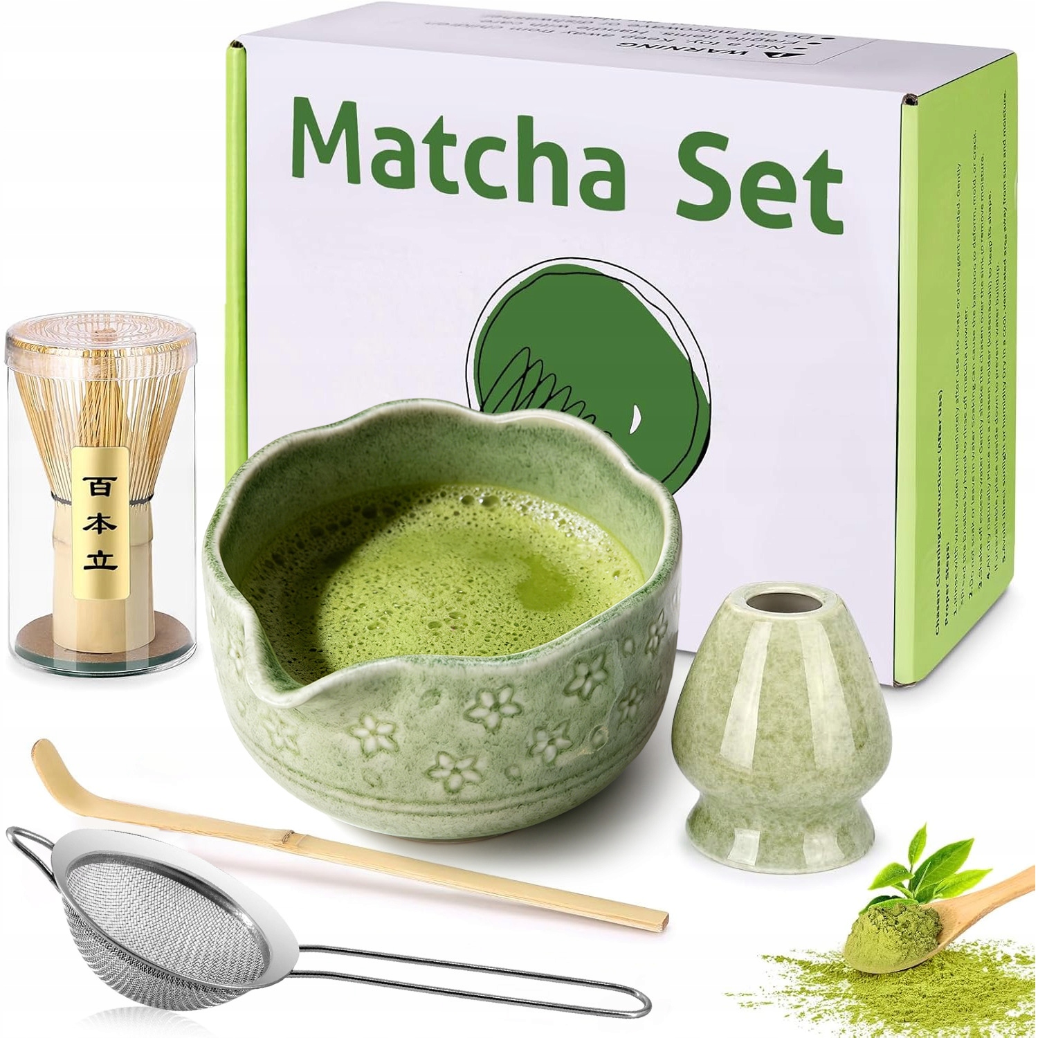 Zestaw Do Herbaty Matcha Ceramika 5EL, Chasen, Miotełka, Łopatka, Łyżeczka