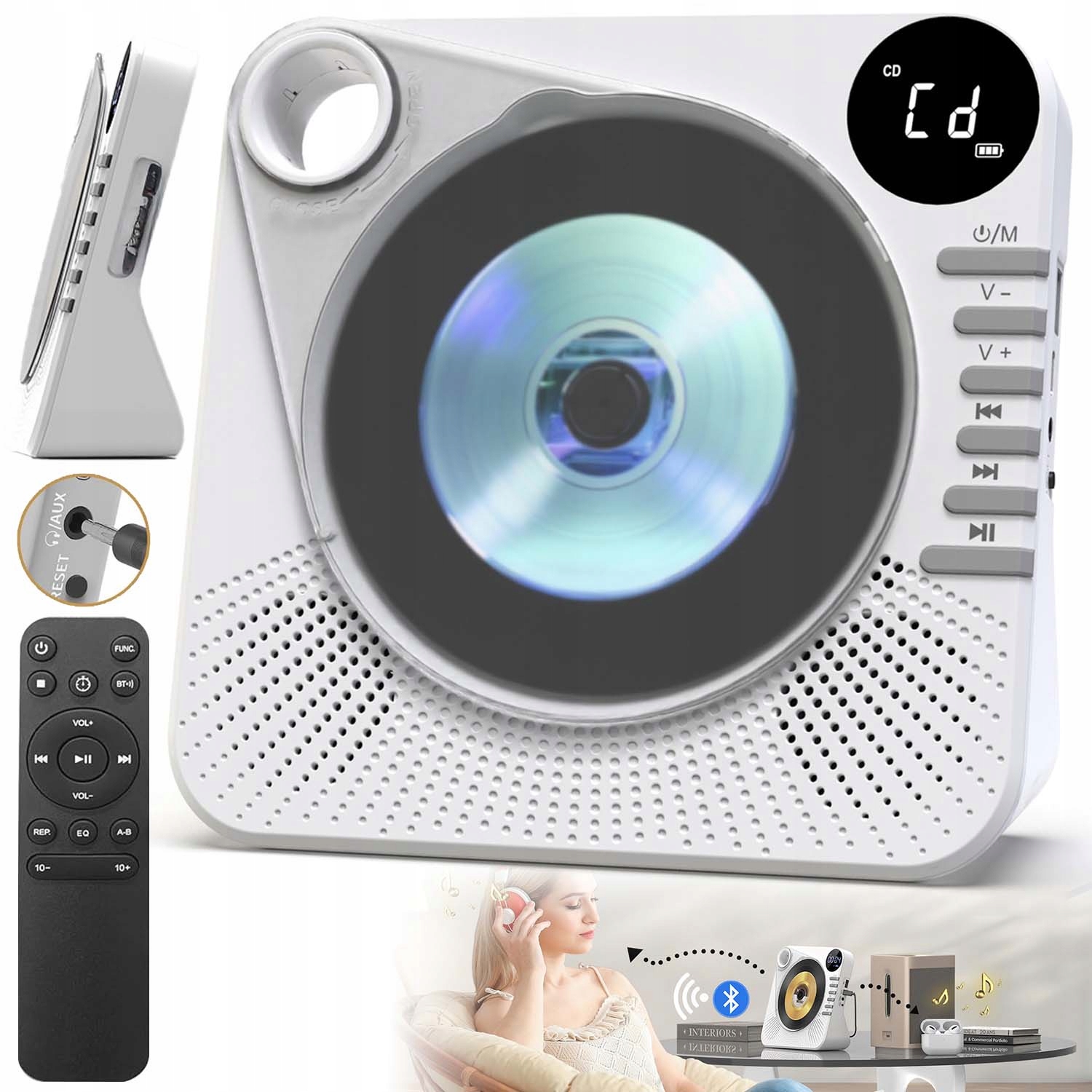 Rádio Aux Usb Fm MP3 Přenosný Přehrávač CD Reproduktor Bluetooth 5.0 Bílý