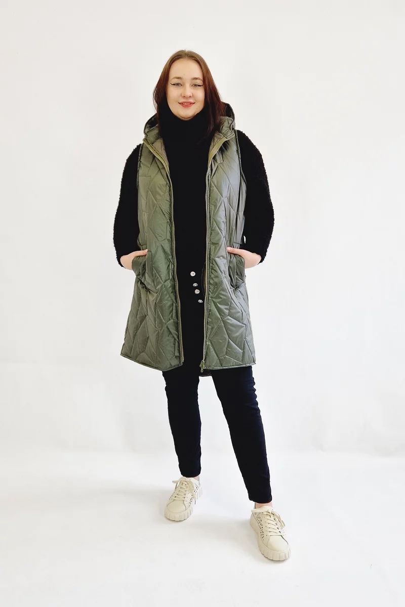 Prošívaná vesta Dlouhá Plus Size Olivová 44