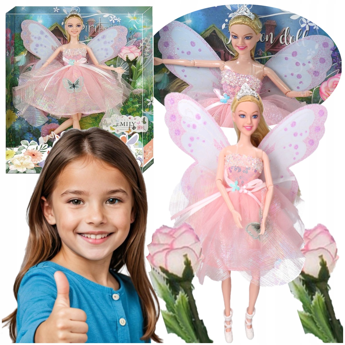 LALKA EMILY WRÓZKA KSIĘŻNICZKA ZE SKRZYDEŁKAMI CEKINOWA SUKIENKA MOTYLE