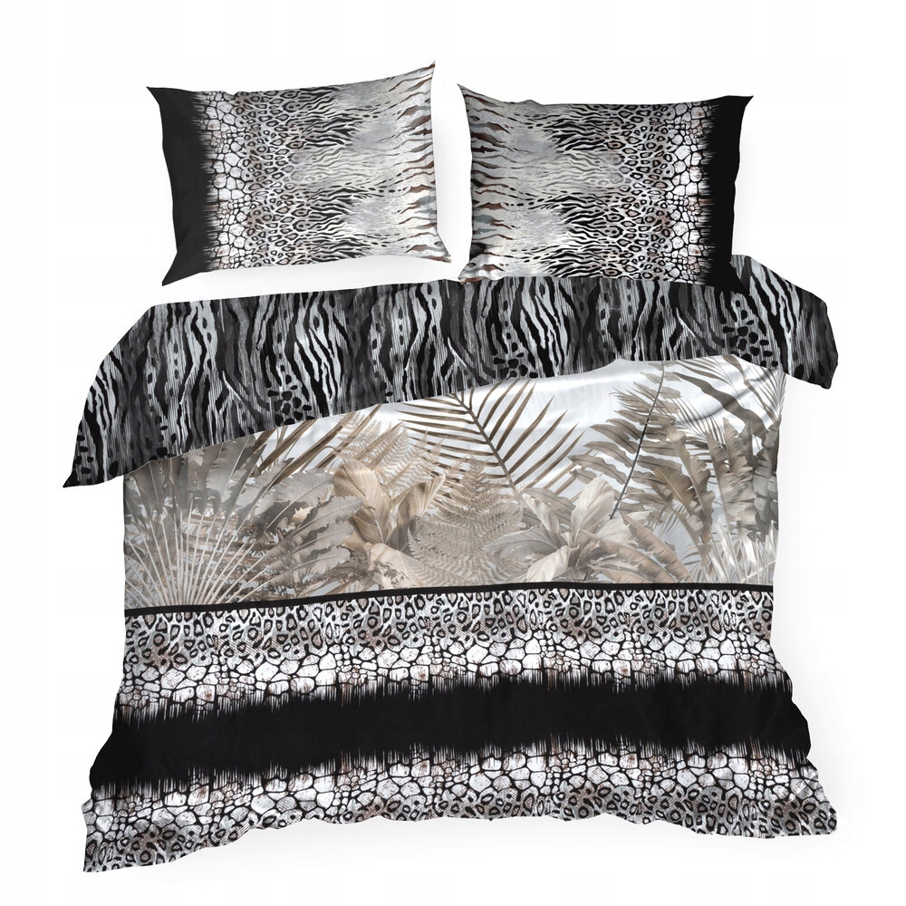 Posteľná Bielizeň saténová 220x200 Eva Minge oceľová béžová biela s bodkami listy