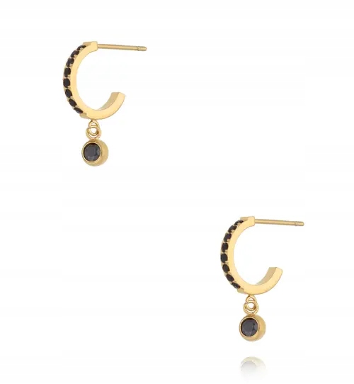 Půlkruhové Náušnice By Dziubeka s černými zirkony a přívěskem
