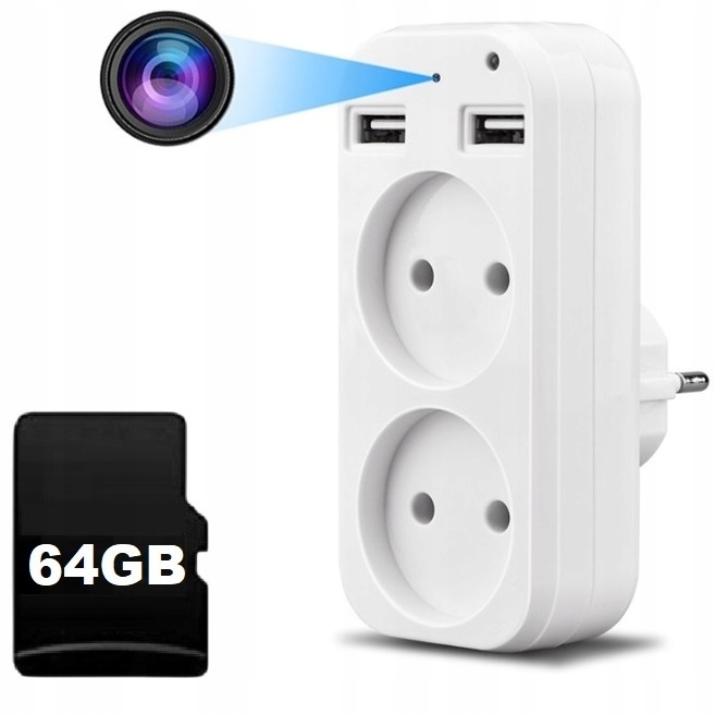 Skrytá kamera 1080p WiFi v rozbočovači 64GB 2xUSB 2xZásuvka Nahrávání
