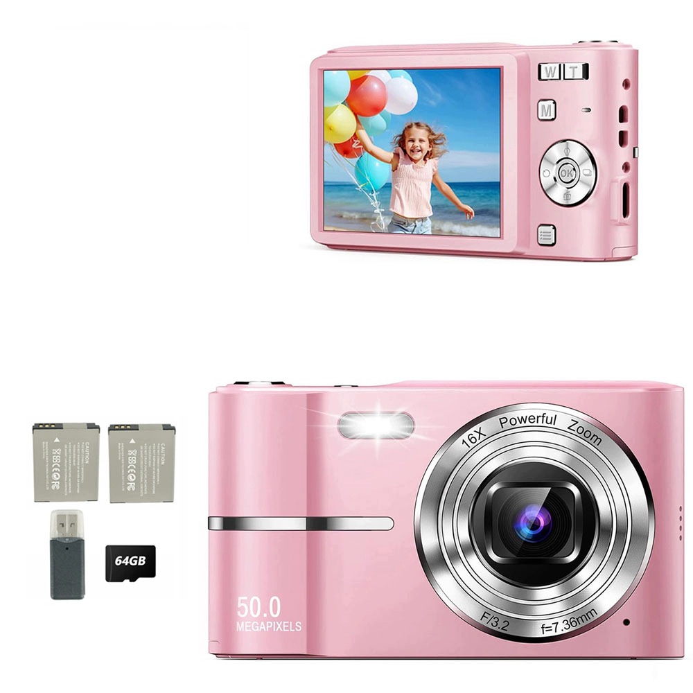 Mini Digitální Fotoaparát Hd 44MP Zoomem 16X Růžový 64GB Antishake
