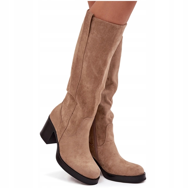 Dámské Eko Semišové Kozačky Na Masivním Podpatku, Zateplené, Zip, Béžové, Velikost 38