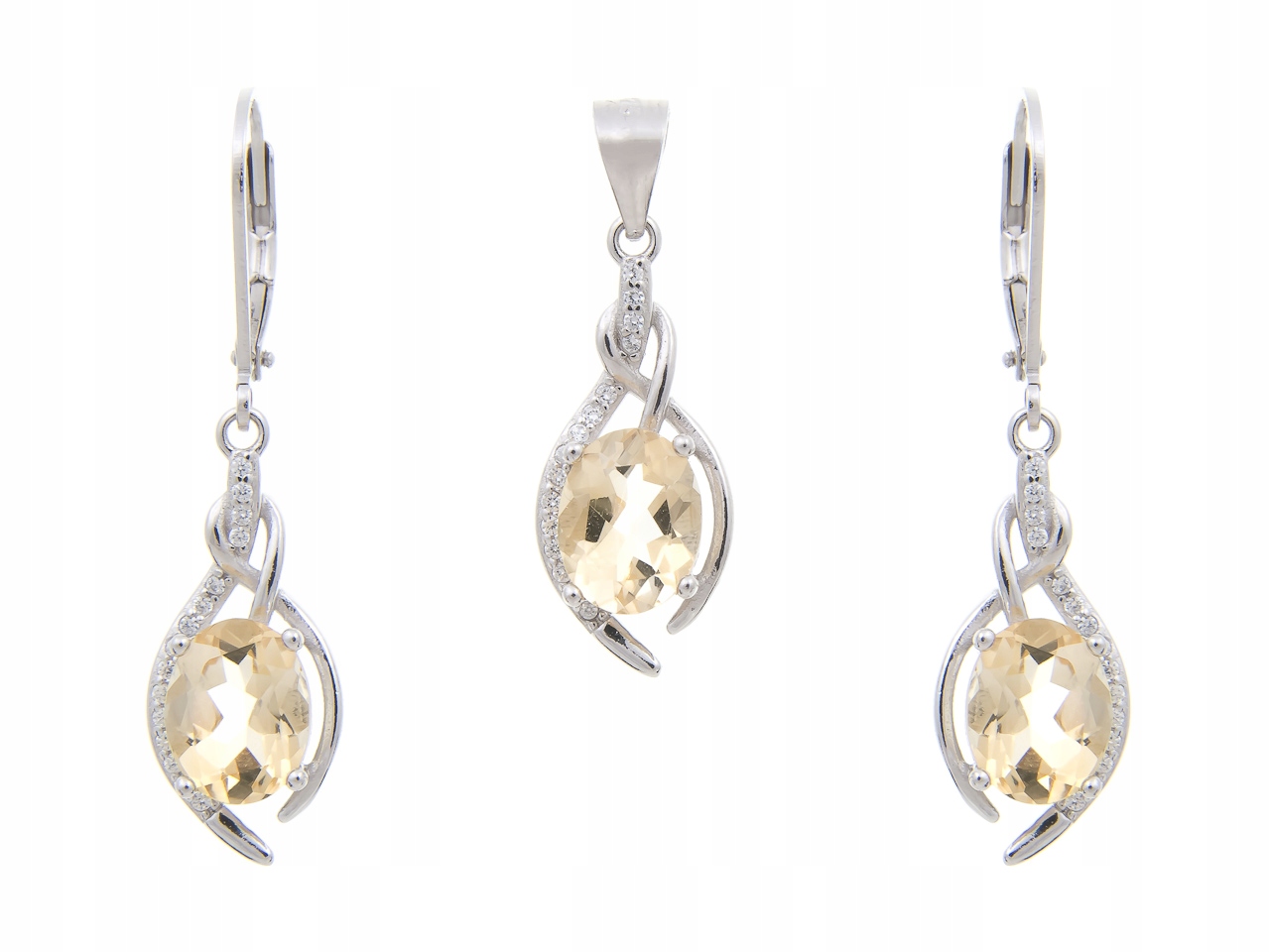 Postříbřená Sada (rhodium) Náhrdelník Přívěsek S Přírodními Citríny